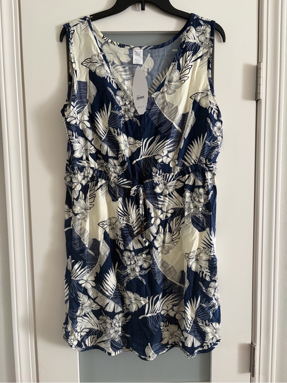 Navy and Cream Tropical Print V-Neck Women’s Dress